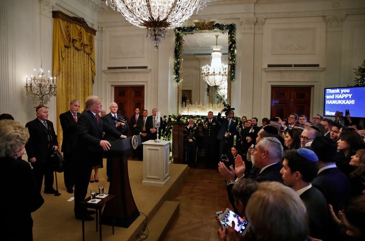 A crowded scene from the White House's 2018 Hanukkah party.