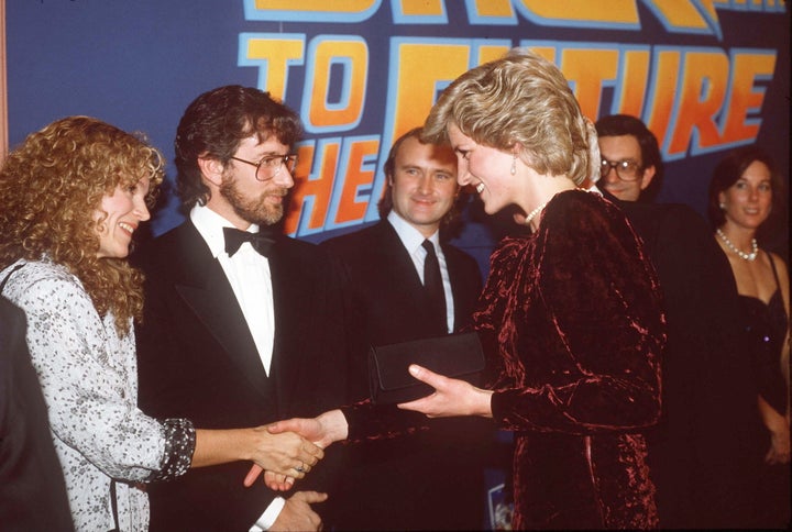 Princess Diana says hello to Steven Spielberg and his then-wife Amy Irving (as rocker Phil Collins looks on) at the London premiere of "Back to the Future" in 1985.