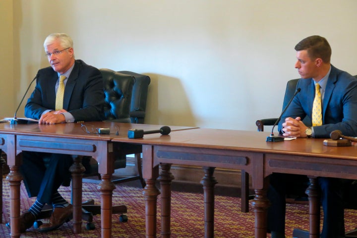 FILE - In this May 6, 2020, file photo, Michigan Republican Senate Majority Leader Mike Shirkey, left, and Republican House Speaker Lee Chatfield announce a lawsuit to combat the coronavirus pandemic orders at the Capitol building in Lansing, Mich. President Donald Trump summoned Michigan's Republican legislative leaders to the White House for a meeting Friday, Nov. 20, amid a GOP push to overturn the certification of Democrat Joe Biden's victory in the battleground state. (AP Photo/David Eggert, File)