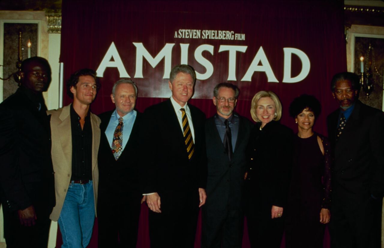 Djimon Hounsou, Matthew McConaughey, Anthony Hopkins, Bill Clinton, Steven Spielberg, Hillary Clinton, Allen and Morgan Freeman at an "Amistad" screening in 1997.