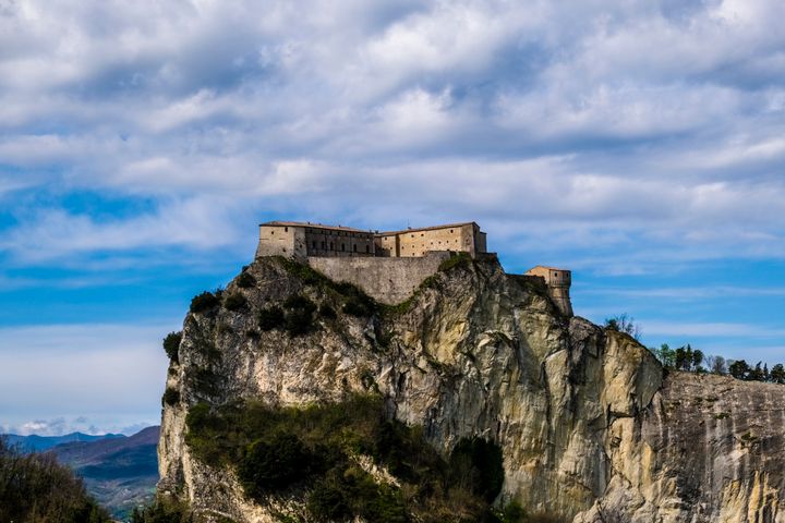 CITY OF SAN MARINO, SAN MARINO - 2019/04/10: The large fortress (Rocca) of San Leo is located on top of a rock cliff. (Photo by Frank Bienewald/LightRocket via Getty Images)
