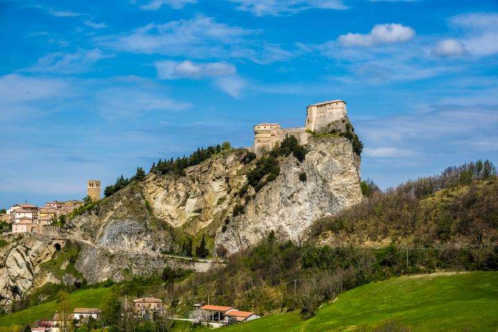 CITY OF SAN MARINO, SAN MARINO - 2019/04/10: The large fortress (Rocca) of San Leo is located on top of a rock cliff. (Photo by Frank Bienewald/LightRocket via Getty Images)