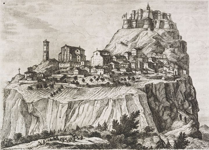 View of San Leo, Marche, Italy, engraving from L'album, giornale letterario e di belle arti, September 8, 1849, Year 16.
