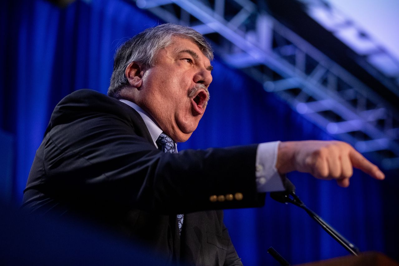 Richard Trumka, president of the AFL-CIO, speaks at a labor conference in February 2020. Avendaño believes that her anti-harassment work upset Trumka and that he pushed United Way Worldwide to fire her.