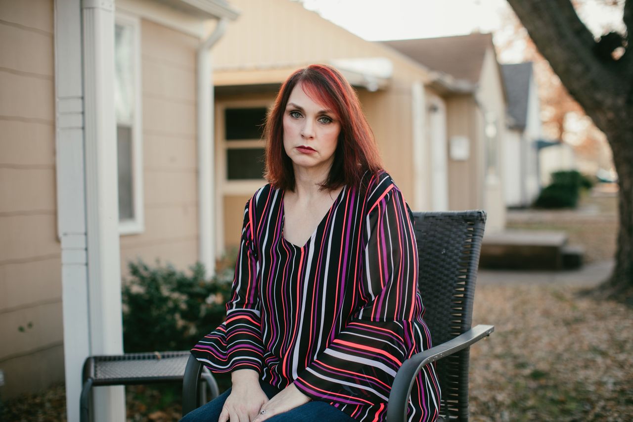 Sara Wilder outside her home in Topeka, Kansas. Wilder was a labor liaison when she was sexually harassed by a member of her local United Way’s board of directors.