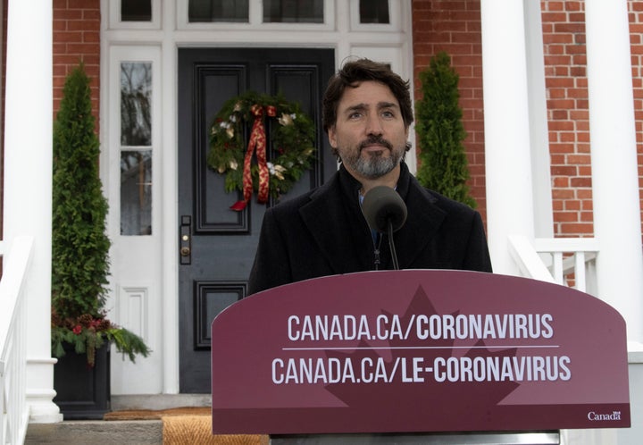 Prime Minister Justin Trudeau speak to the media about the COVID-19 virus outside Rideau Cottage in Ottawa on Nov. 20, 2020.