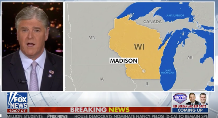 A screenshot from Wednesday's Fox News broadcast of "Hannity," showing a map with part of Michigan labelled as Canada. 