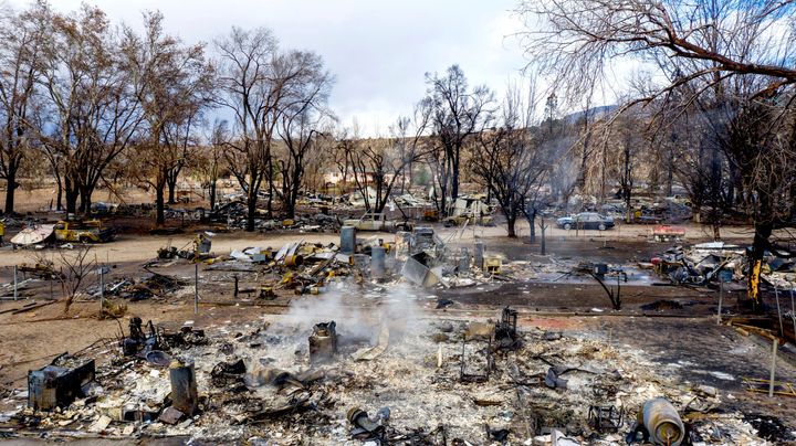 In this photo taken by a drone, residences leveled by the Mountain View Fire line a street in the Walker community in Mono County, California on Wednesday, Nov. 18.