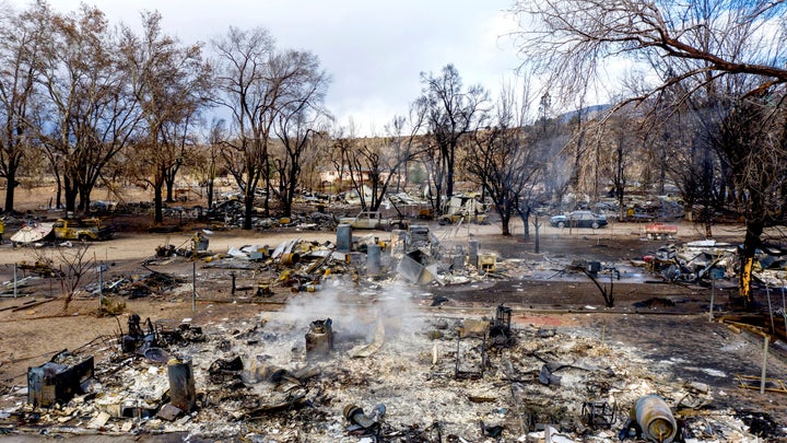 In this photo taken by a drone, residences leveled by the Mountain View Fire line a street in the Walker community in Mono County, California on Wednesday, Nov. 18.