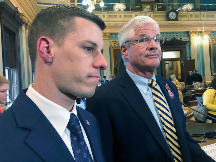 FILE - In this May 24, 2019 file photo, Republican House Speaker Lee Chatfield, left, and Republican Senate Majority Leader Mike Shirkey speak with reporters at the Capitol in Lansing, Mich. Chatfield and Shirkey are headed to the White House on Friday as President Donald Trump made an extraordinary and sure-to-be futile attempt to block Joe Biden's victory in the battleground state and subvert the results of the 2020 presidential election. (AP Photo/David Eggert, File)