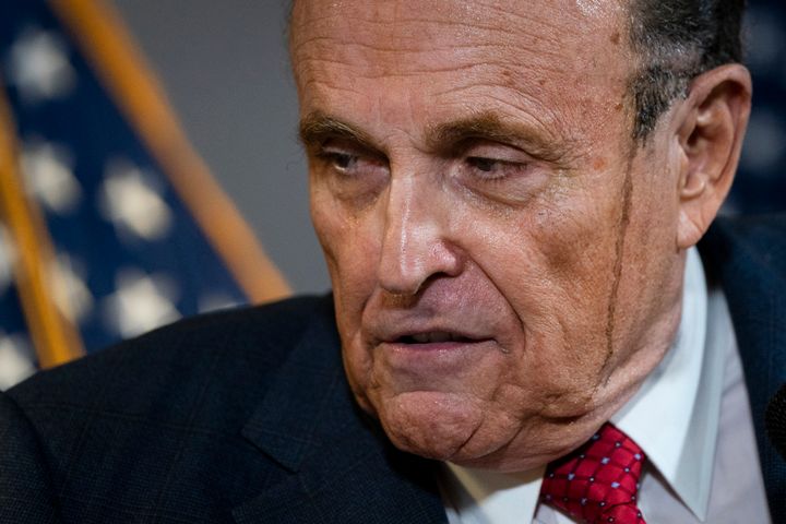Rudy Giuliani speaks to the press about various lawsuits related to the 2020 election at the Republican National Committee headquarters on Thursday.