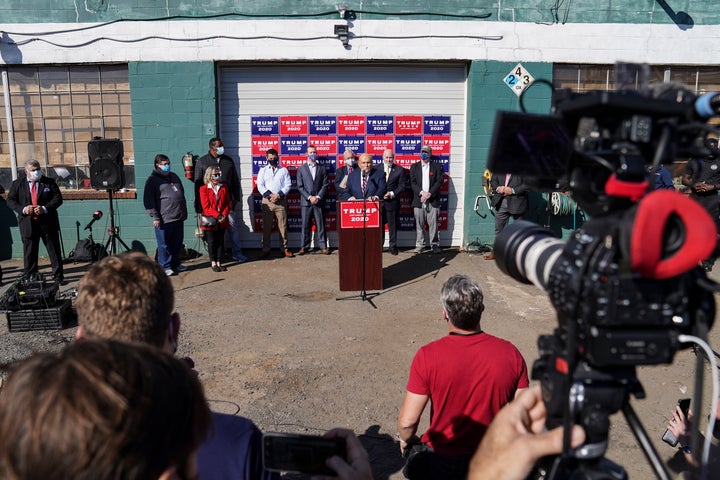 Former New York mayor Rudy Giuliani, a lawyer for President Donald Trump, speaks during a news conference at Four Seasons Total Landscaping on legal challenges to vote counting in Pennsylvania, Saturday Nov. 7, 2020, in Philadelphia. (AP Photo)