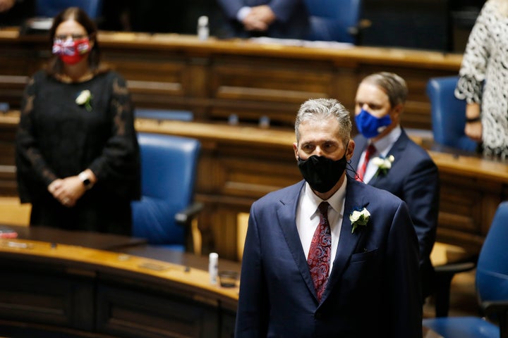 Manitoba Premier Brian Pallister before a throne speech at the Manitoba Legislature in Winnipeg on October 7, 2020.
