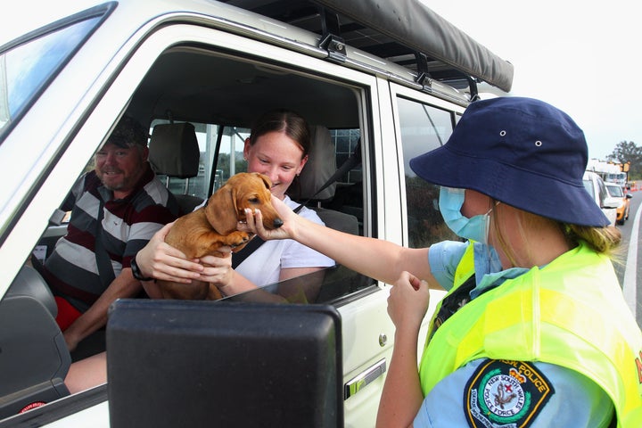 Senior Constable, Hannah Males pats a dog of Wodonga residents as they pass through the Hume Highway checkpoint at the Victorian border on November 22, 2020 in Albury, Australia ahead of the borders reopening.