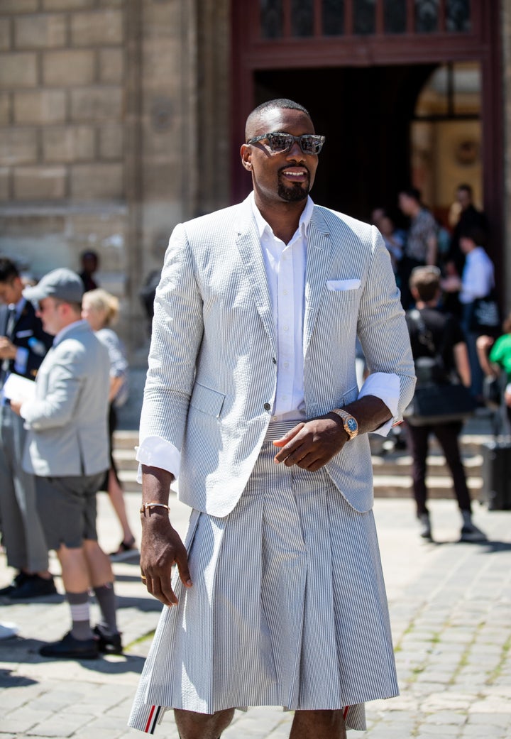 Serge Ibaka outside the Thom Browne Menswear Spring/Summer 2020 show on June 22, 2019 in Paris, France.