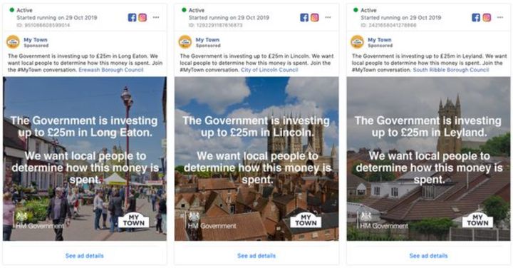 Facebook ads which were targeted at election battlegrounds in 2019