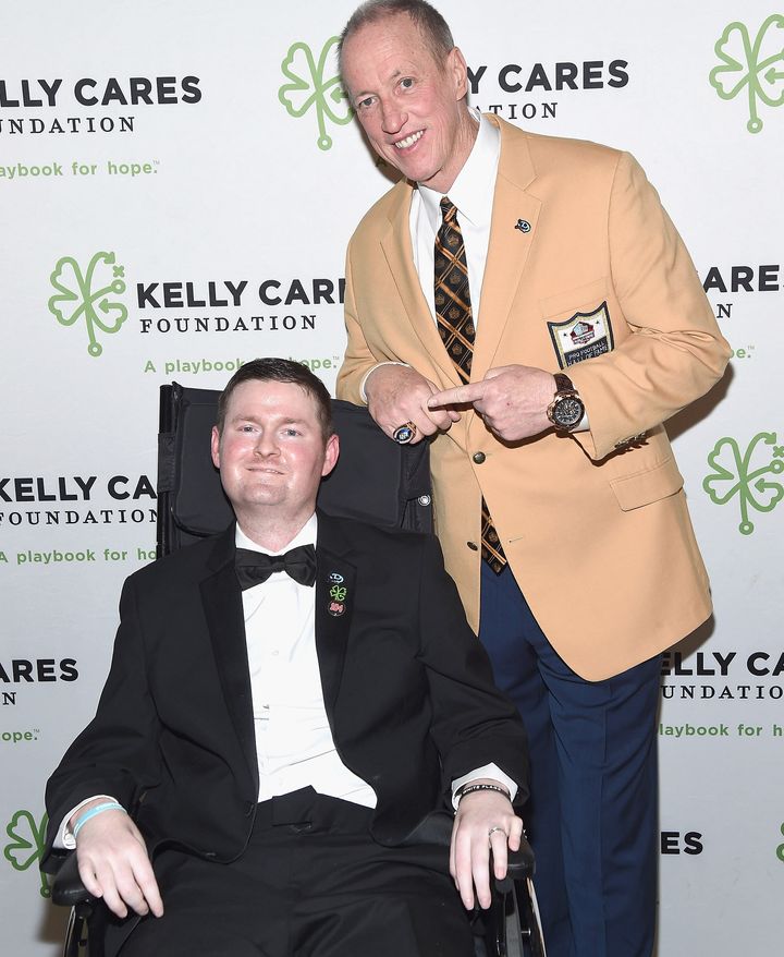 ALS Ice Bucket Challenge co-founder Patrick Quinn is seen with Pro Football Hall of Famer Jim Kelly in 2017. Quinn died on Sunday at age 37.