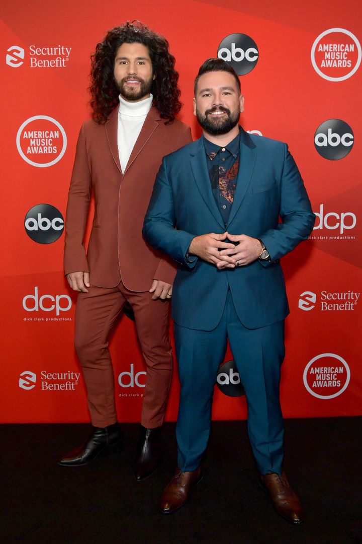 Dan Smyers and Shay Mooney of the country duo Dan + Shay attend the 2020 American Music Awards at the Microsoft Theater on Sunday in Los Angeles.
