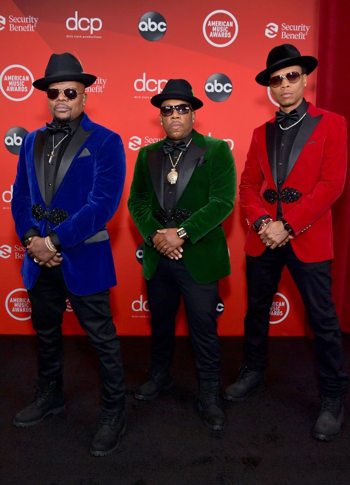 Ricky Bell, Michael Bivins and Ronnie DeVoe of the R&amp;B group Bell Biv DeVoe attend the 2020 American Music Awards at the 
