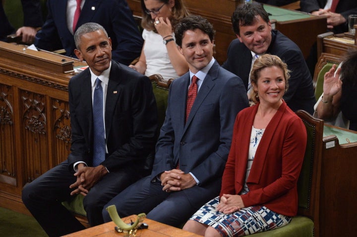 Barack Obama, Prime Minister Justin Trudeau and Sophie Gregoire Trudeau are shown in the House of Commons on June 29, 2016.