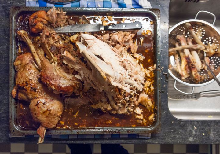 Separate bones from meat before you store your leftover turkey in the fridge or freezer.