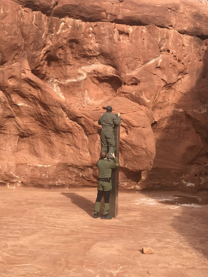 The monolith was discovered while officers were counting bighorn sheep from a helicopter.