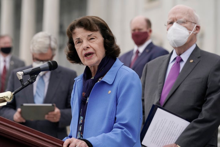 Senate Judiciary Committee ranking member Sen. Dianne Feinstein (D-Calif.) speaks during an Oct. 22, 2020, news conference after boycotting the vote by the Republican-led panel to advance the nomination of Judge Amy Coney Barrett to sit on the Supreme Court.