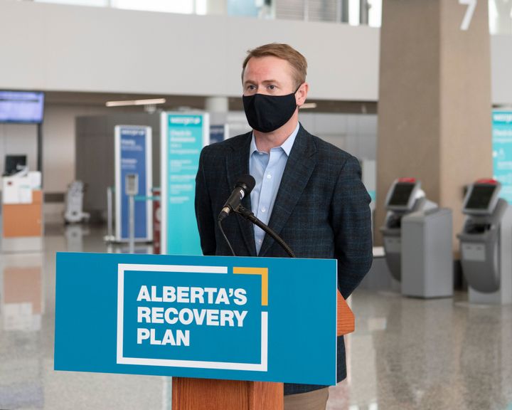 Alberta Health Minister Tyler Shandro speaks during an announcement at the Calgary International Airport on Oct. 22, 2020. 