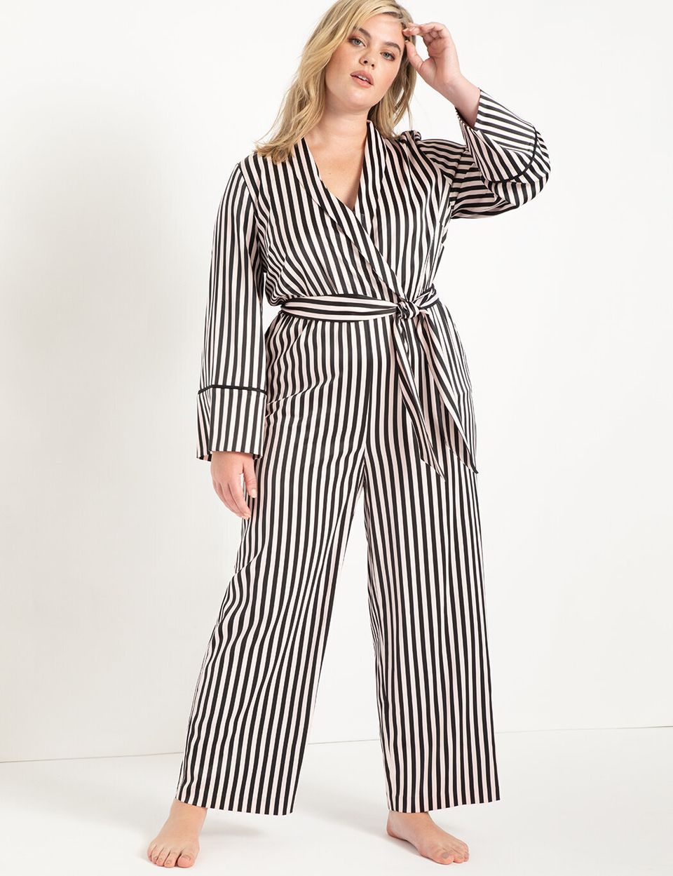 A lounge jumpsuit that looks like dressy pajamas