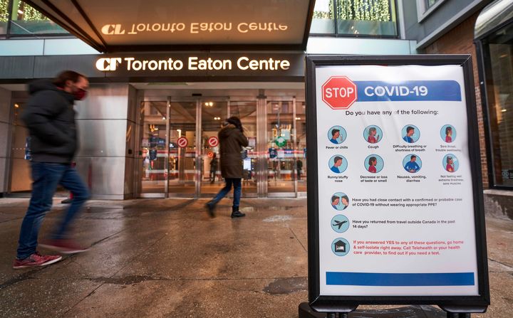 The entrance to the Toronto Eaton Centre in downtown Toronto, Nov. 23, 2020. Canada's latest lockdowns will take a bite out of the country's economic recovery by the end of this year, new forecasts say.