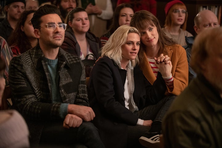 Dan Levy, Kristen Stewart and Mackenzie Davis in "Happiest Season."