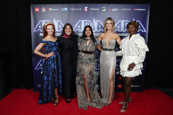 Emma Watkins, Kate Ceberano, Jessica Mauboy, Delta Goodrem and Marcia Hines attends the 2020 ARIA Awards at The Star.