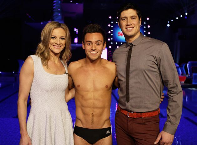 Vernon Kay with Gabby Logan and Tom Daley on the set of Splash!