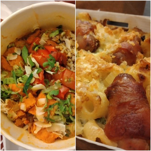 Two of the Pret meals I tried: the mac and cheese with pigs in blankets, and the red chicken curry hot rice bowl