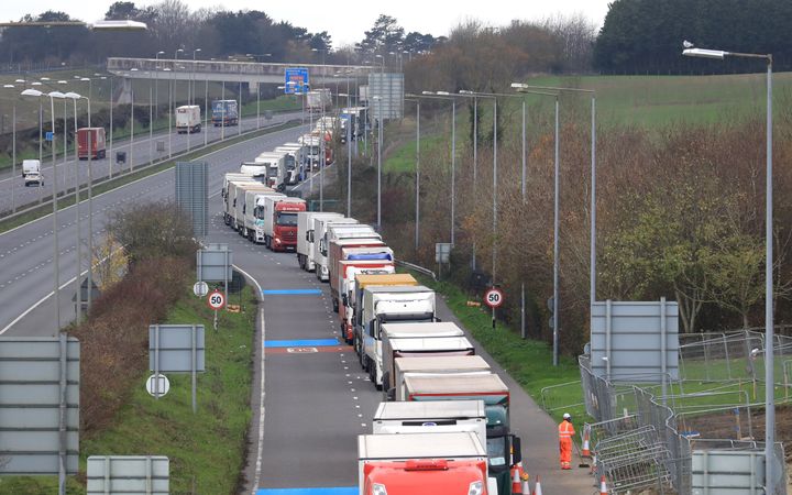 Freight lorries queueing along the M20 in Kent waiting to access the Eurotunnel terminal in Folkestone