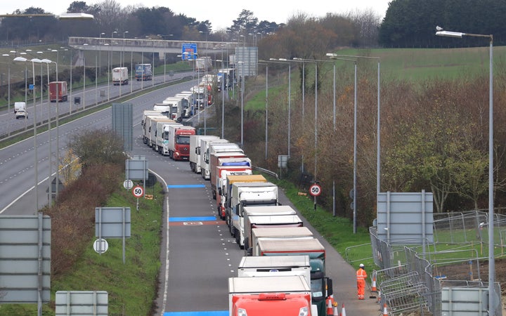 Freight lorries queueing along the M20 in Kent waiting to access the Eurotunnel terminal in Folkestone