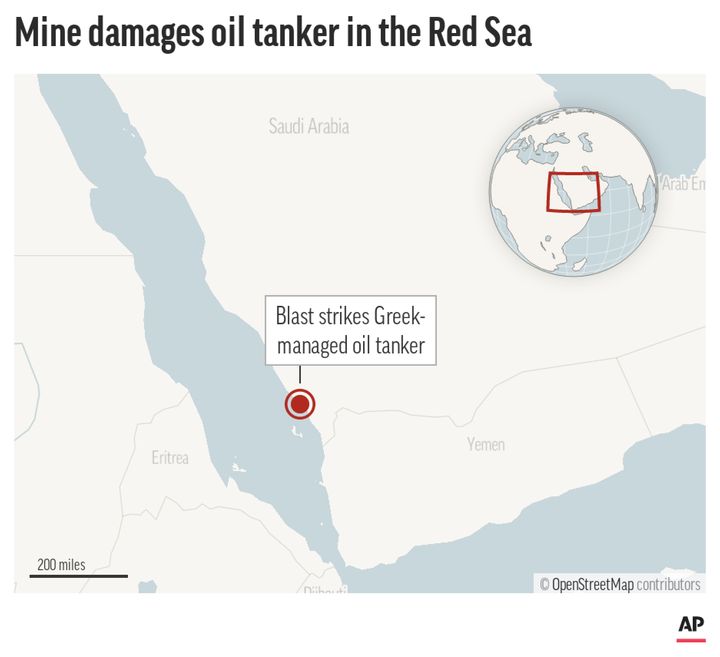 Locator map shows the approximate location of the mine blast that damaged the MT Agrari, a Maltese-flagged, Greek-managed oil tanker near Shuqaiq, Saudi Arabia.