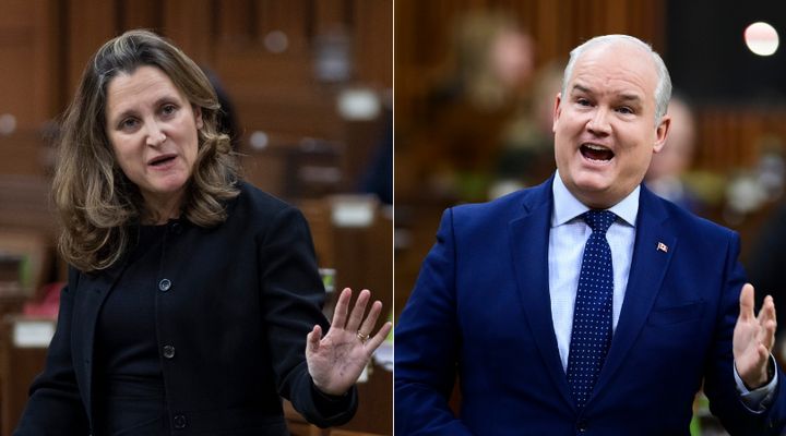 Deputy Prime Minister Chrystia Freeland and Conservative Leader Erin O'Toole are shown in a composite image of photos taken by The Canadian Press.