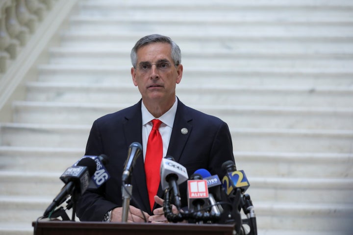 Georgia Secretary of State Brad Raffensperger gives an update on the state of the election and ballot count during a news conference at the State Capitol in Atlanta, Georgia, on Nov. 6.