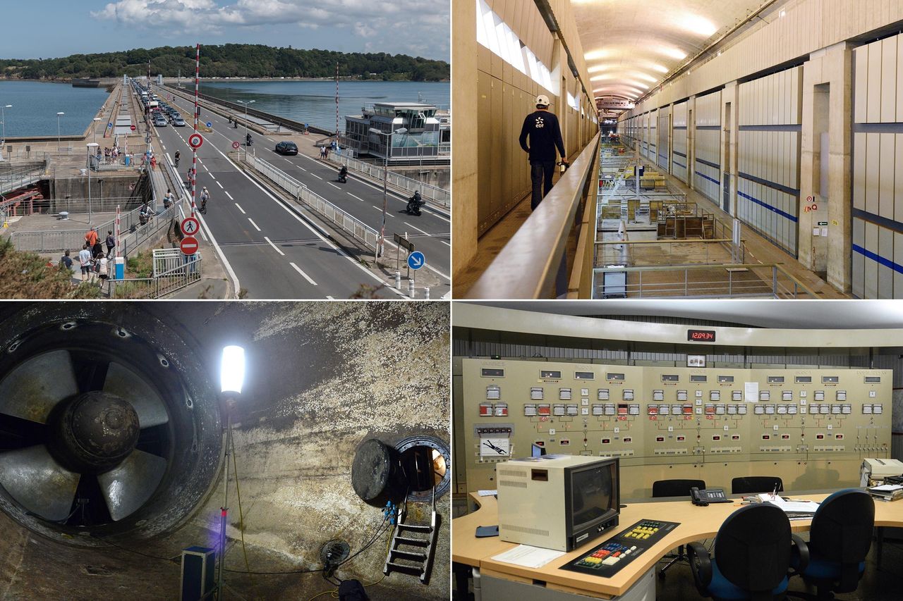 Top left: View of the hydroelectric dam of Rance Brittany, France, in 2019. This hydroelectric plant with tidal energy built on the estuary of Rance between Dinard and Saint-Malo was inaugurated in 1966. Top right: An employee walks in the underwater part of the La Rance tidal-turbine power plant in La Richardais, western France, in 2012. Bottom left: A photo from 2012 shows one of the 24 turbines of the La Rance power plant. Bottom right: The control room of the power plant in 2012.