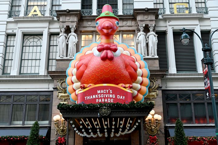 Decorations for the Thanksgiving parade are installed outside of Macy's in Herald Square on Nov. 24, 2020 in New York City.