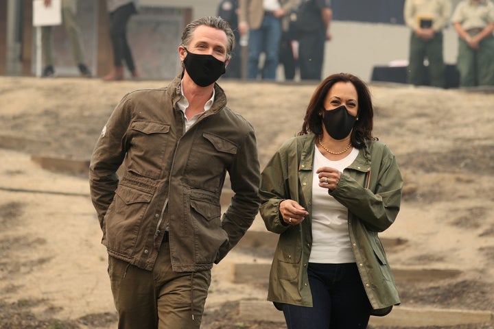 Sen. Kamala Harris (D-Calif.) is shown here walking meets with California Gov. Gavin Newsom (D) in September. Harris' ascent