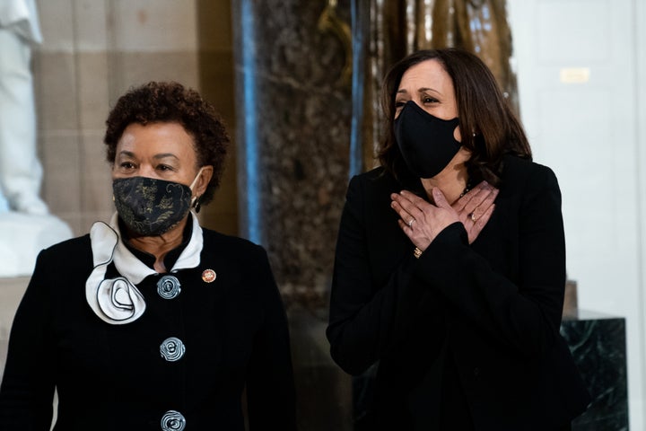 Rep. Barbara Lee (D-Calif., left) attends the memorial service for Supreme Court Justice Ruth Bader Ginsburg. Lee's oppositio