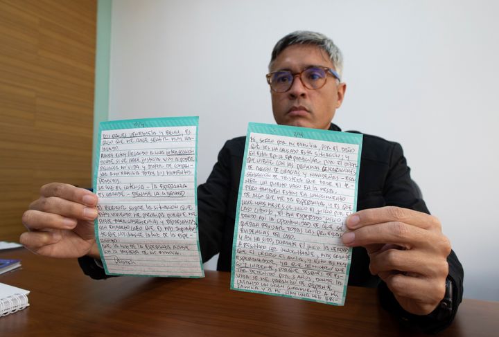 Jesus Loreto, an attorney representing Tomeu Vadell, one of six U.S. oil executives jailed for three years in Venezuela, shows a letter written by Vadell in Caracas, Venezuela, on Nov. 25, 2020. In the letter, provided to the Associated Press, Vadell pleads for freedom, reflects on his past and shares the pain he feels over being separated from his wife, three adult children and a newborn grandson he's never held.