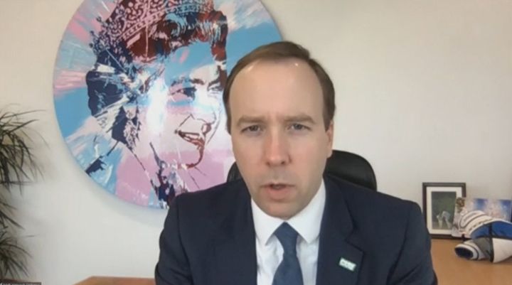 Health secretary Matt Hancock on a video call this year. Hancock's office contains a large portrait of the Queen by Damian Hurst