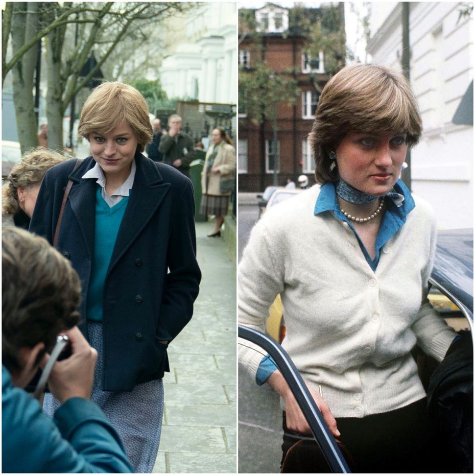 Princess Diana, as played by Emma Corrin, on the left. On the right, Princess Diana leaving her Earl's Court apartment 