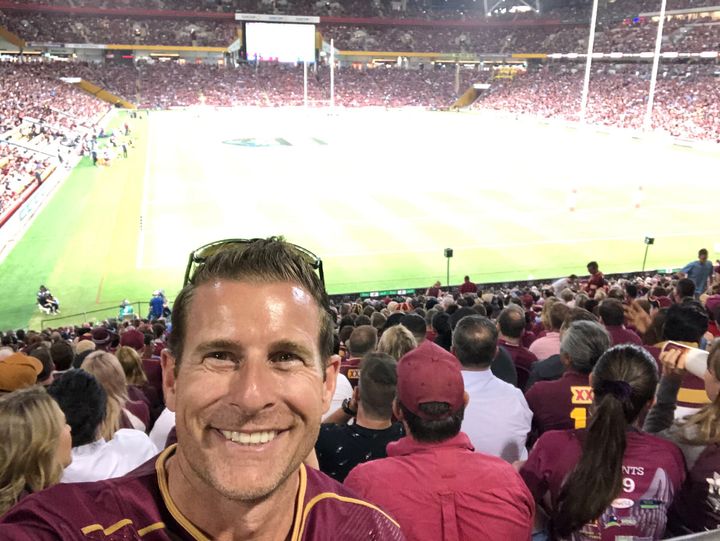 The writer takes a selfie at the 2020 National Rugby League State of Origin contest on Nov. 18, 2020.