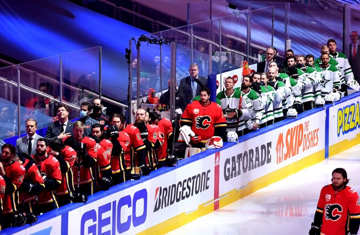 The Calgary Flames and the Dallas Stars benches are seen during pregame for game six of the western conference first round of the 2020 NHL Stanley Cup Playoffs at Rogers Place on Aug. 20, 2020 in Edmonton, Alta.