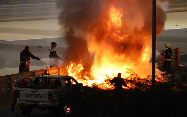 The crash of Romain Grosjean of France and Haas F1 during the F1 Grand Prix of Bahrain at Bahrain International Circuit on November 29.