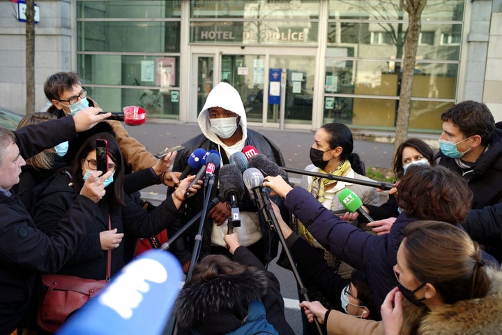 Music producer Michel Zecler answers questions from the press on Thursday, November 26, 2020 before entering the General Inspection of the National Police, in Paris. (AP Photo/Thibault Camus)